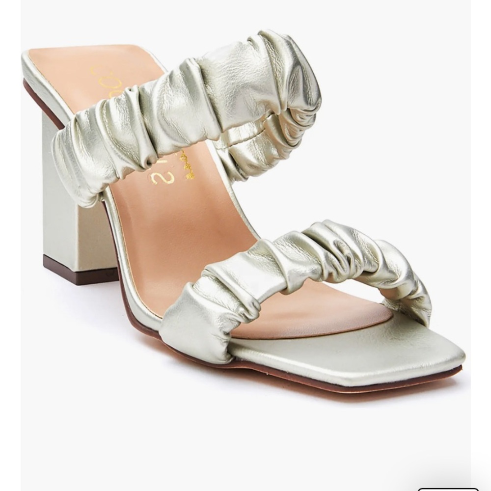Tuckernuck Metallic Silver Ruched Two-Strap Block Heel Sandals